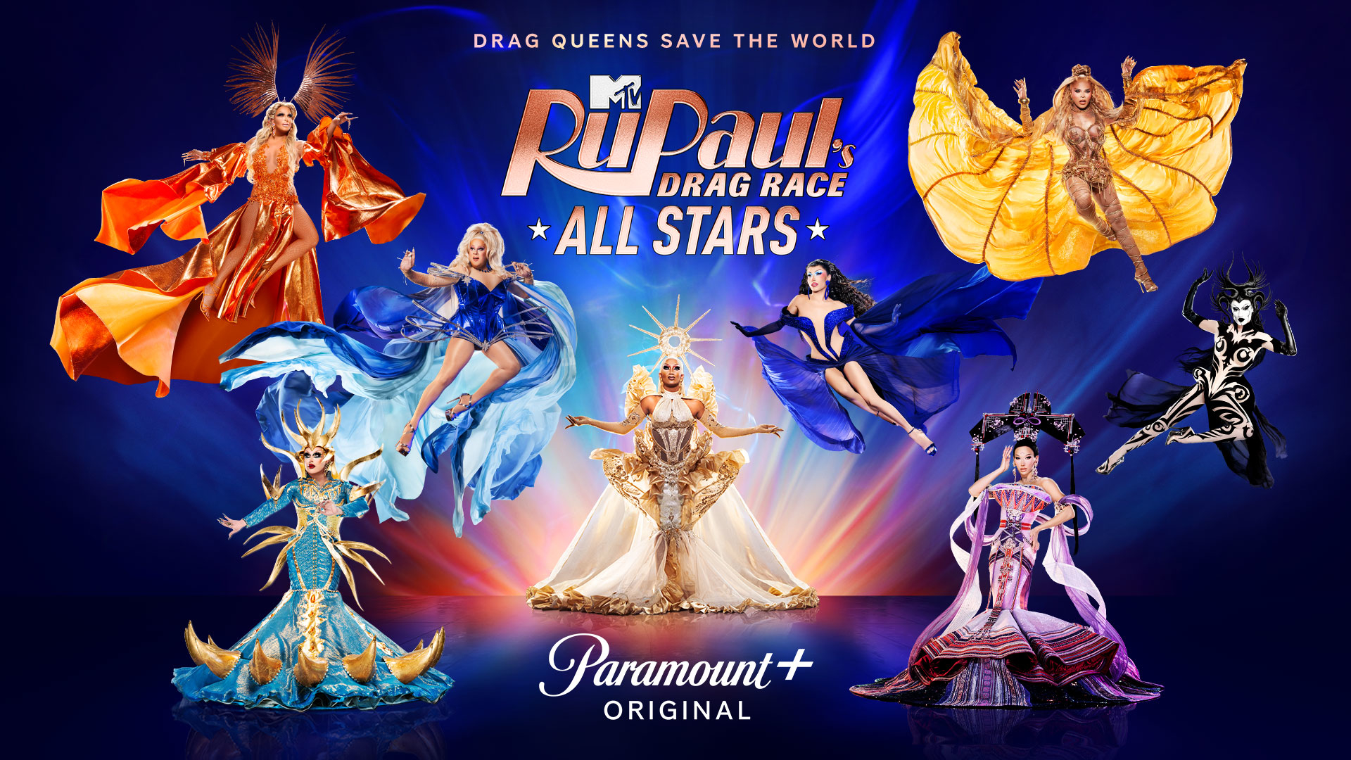Promotional image for &quot;RuPaul&#x27;s Drag Race All Stars&quot; featuring drag queens in elaborate costumes with a superhero theme