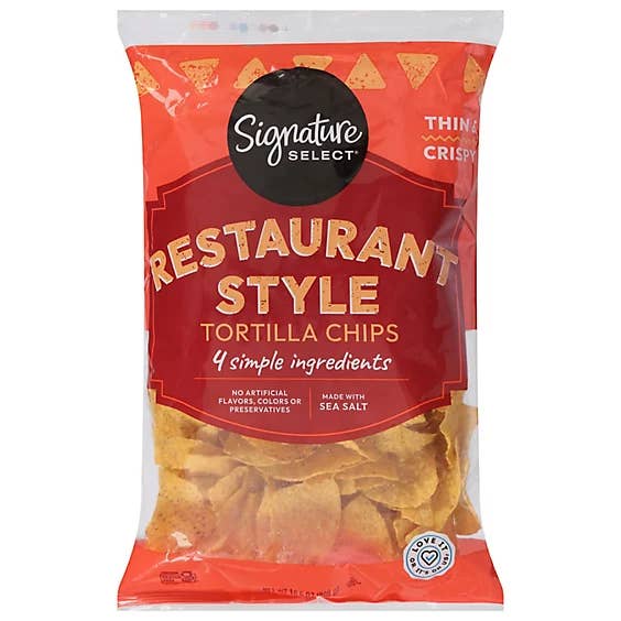 Bag of Signature Select restaurant-style tortilla chips with four simple ingredients