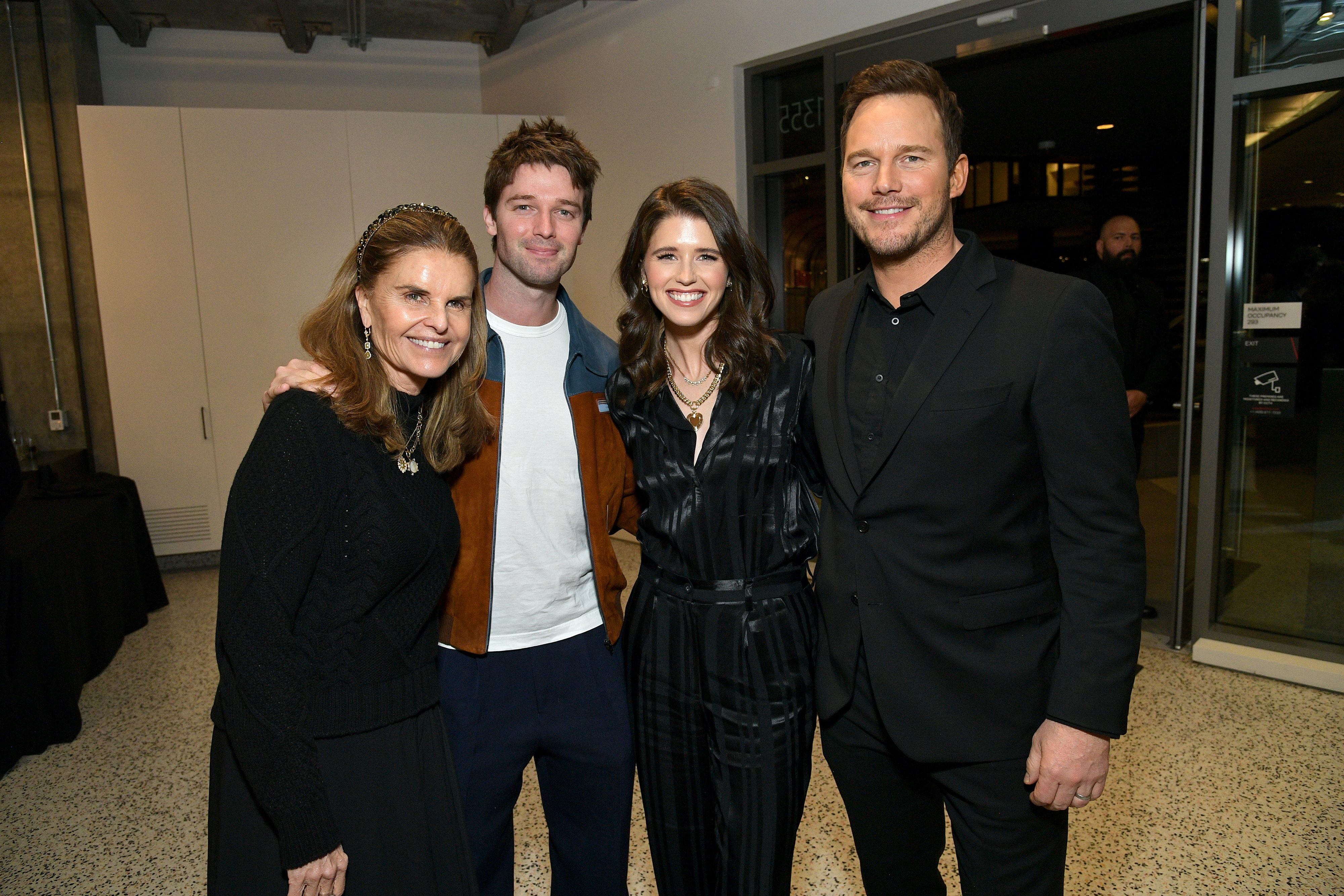 Chris Pratt and Katherine Schwarzenegger posing for a photo with Katherine&#x27;s brother Patrick, and her mother Maria
