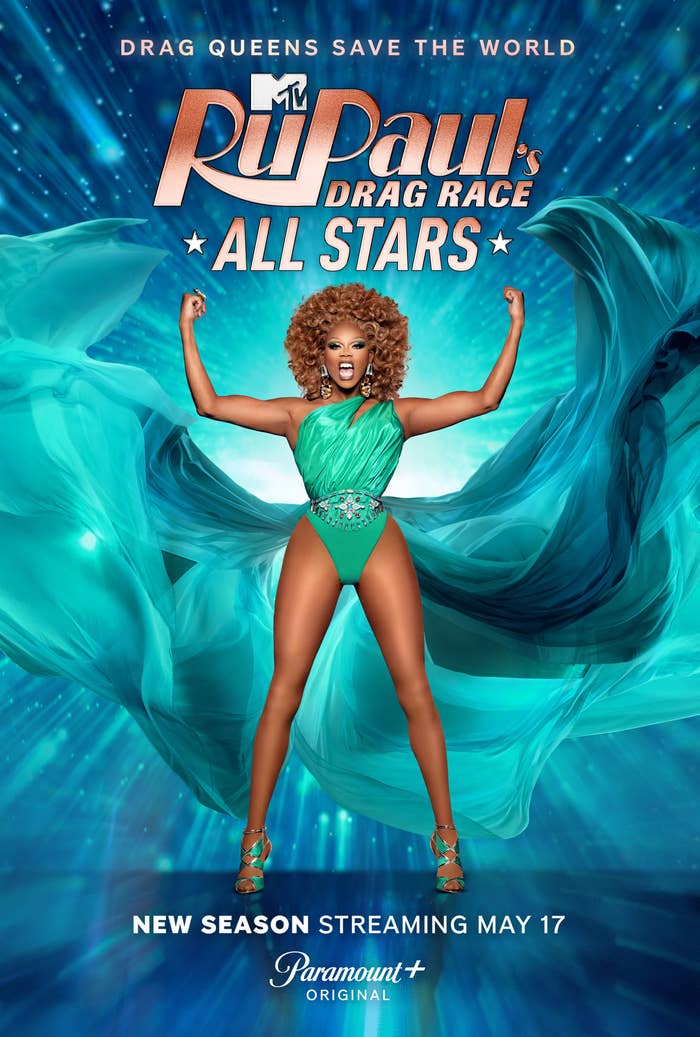 Drag queen successful  a greenish  outfit with arms raised, promoting RuPaul&#x27;s Drag Race All Stars, caller   play   streaming May 17
