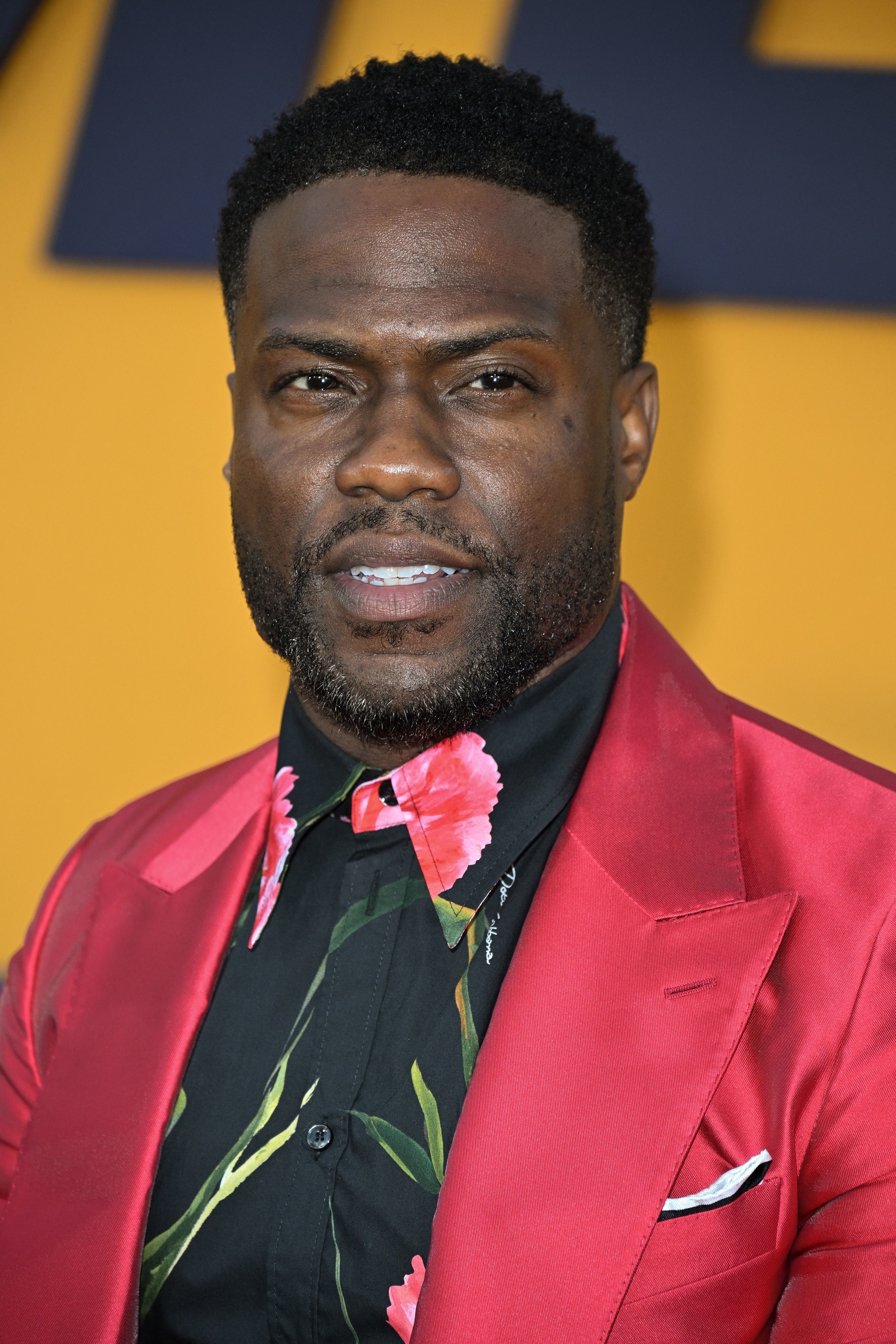 A closeup of Kevin Hart wearing a suit with a floral shirt at an event