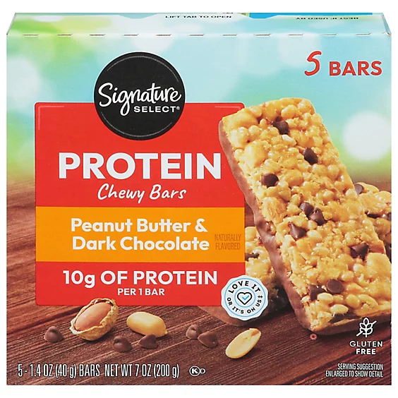 Box of Signature Select Protein Chewy Bars with Peanut Butter &amp;amp; Dark Chocolate, five bars packaging, gluten-free label