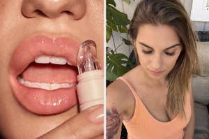 to the left: a model applying lip butter, to the right: a reviewer with false eyelashes on