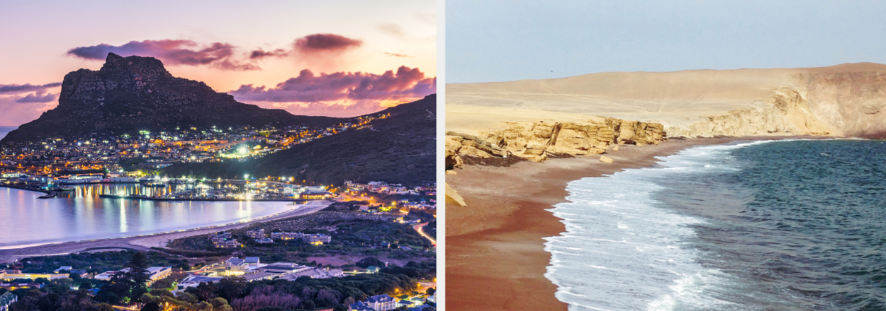 Split image comparing a lush mountainside cityscape to a desert beach with the question "South America or Africa?"