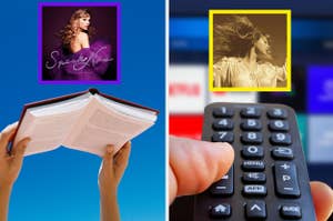 Collage of two images: left shows hands holding an open book against a blue backdrop; right features a remote control with a focus on the MENU button