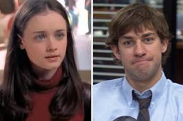 Rory Gilmore from "Gilmore Girls" and Jim Halpert from "The Office" appear in split-screen from their TV shows