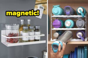 magnetic fridge shelf; three-tier water bottle organizer