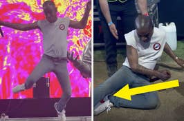 Kid Cudi at Coachella; in one frame jumping, in the other sitting after falling