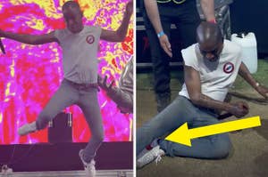 Kid Cudi at Coachella; in one frame jumping, in the other sitting after falling