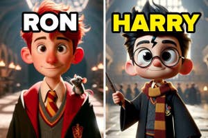 Animated characters Ron with a rat on his shoulder and Harry holding a wand, from a stylized version of "Harry Potter"