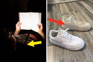 A split image: Left - person reading a book with light; Right - white sneaker covered by shoe cover