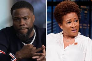 Kevin Hart in a striped shirt with a chain necklace; Wanda Sykes in a white blouse looking to the side