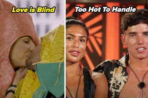 Split image: left side shows an obscured couple kissing in costume; right side features a man and woman from a reality show