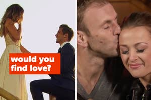 Split image: Left shows a man looking up at a woman on stairs; right shows a man kissing a woman on the cheek. Text: "would you find love?"