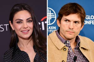 Two separate photos: Mila Kunis in a polka dot blouse and Ashton Kutcher in a jacket over a plaid shirt