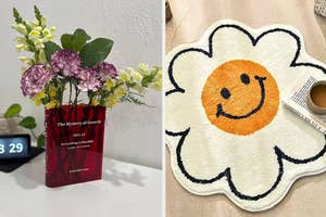 Two items: a book turned into a vase with flowers, and a close-up of a fabric with a smiley flower design