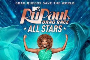 Promotional graphic for "RuPaul's Drag Race All Stars" featuring RuPaul with arms raised and show's logo