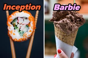 On the left, a piece of sushi between chopsticks labeled Inception, and on the right, a chocolate gelato cone labeled Barbie