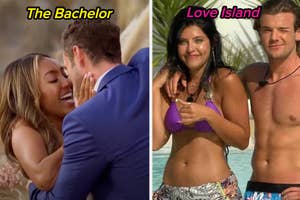 Split image: Left shows a couple embracing from 'The Bachelor.' Right, a bikini-clad pair from 'Love Island.'