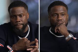 Two side-by-side photos of Kevin Hart, left in a red floral blazer, right with hand on chin wearing a chain necklace