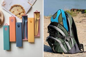 Left: portable cutlery set; right: blue packing cube with clothes in green backpack