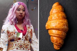 On the left, Stephanie Hsu as Jobu in Everything Everywhere All at Once, and on the right, a croissant