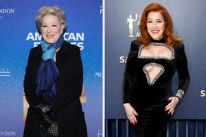 Two photos: Left, Bette Midler in a scarf and gloves; right, a celebrity in a black dress with a unique neckline