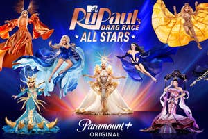 Promotional poster for "RuPaul's Drag Race All Stars" featuring drag queens in elaborate costumes