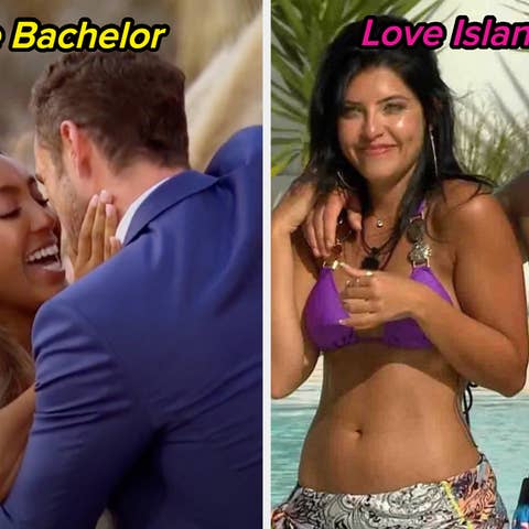 Split image: Left shows a couple embracing from 'The Bachelor.' Right, a bikini-clad pair from 'Love Island.'