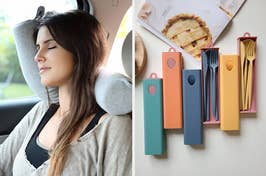 on left: model sleeping with squiggle pillow while sitting in car; on right: portable cutlery set