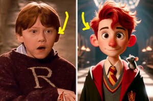 Left: Young male movie character looking surprised. Right: Animated male character with a small animal on shoulder. Both in school uniforms