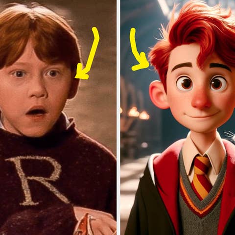 Left: Young male movie character looking surprised. Right: Animated male character with a small animal on shoulder. Both in school uniforms