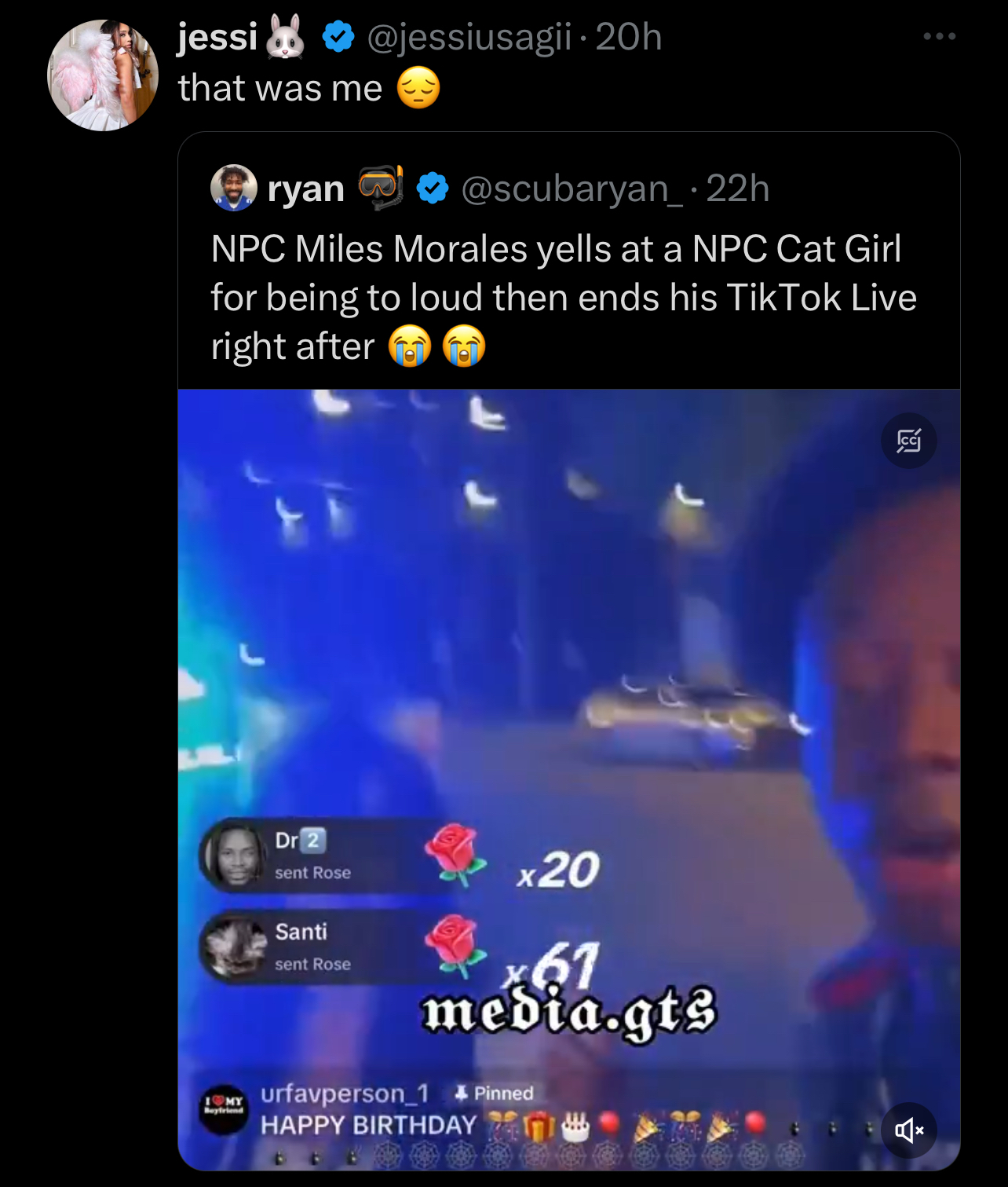 Screengrab of a tweet showing a TikTok Live with NPC Miles Morales and Cat Girl, and viewers&#x27; reactions