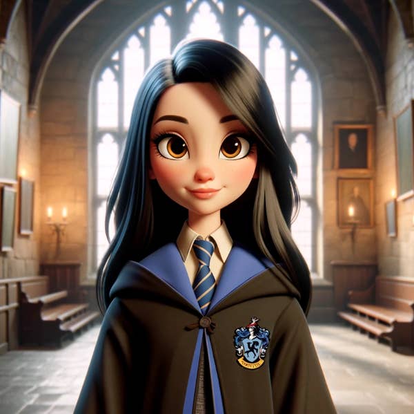 Animated character resembling a young girl dressed in Hogwarts robes standing in a castle hall