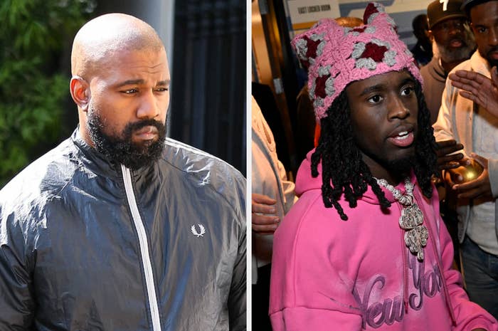 Kanye West in a black jacket, and Uzi Vert wearing a pink hoodie with a plush hat, both at an event