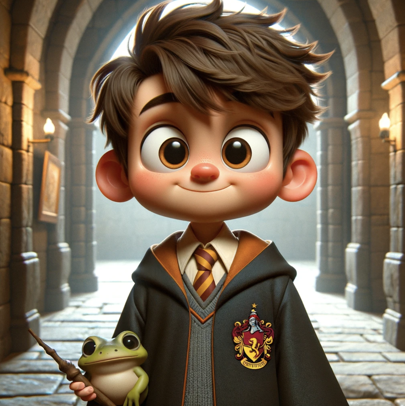 Illustration of a young wizard in school robes holding a wand, with a frog companion, evoking a magical theme