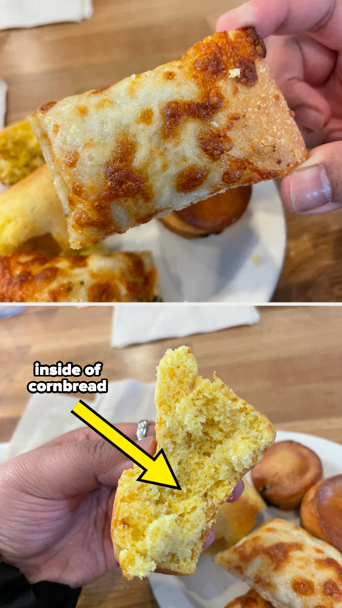 Close-up of a hand holding a piece of cheese-filled cornbread; second image shows the inside texture of the cornbread