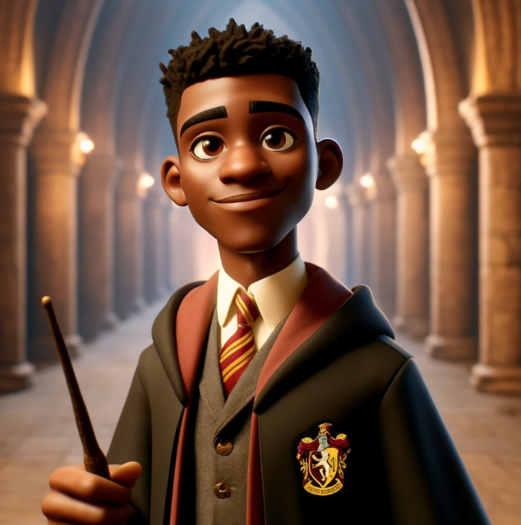 3D animated character in Hogwarts uniform holding a wand in a castle corridor