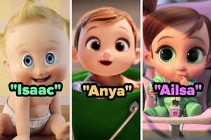 Tres personajes animados: Isaac, Anya y Alisa, de la serie "Los bebés genios"