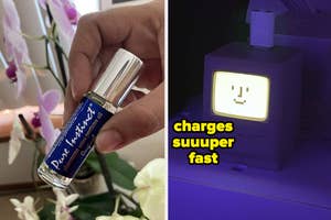 reviewer holding Pure Instinct roll-on perfume; USB-C charging cube shaped like Susan Kare's smiling macintosh