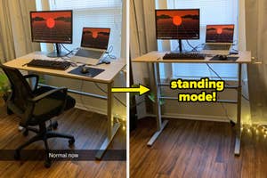 before/after of a standing desk raised up