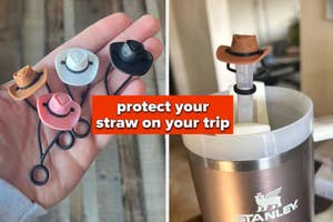 Hand holds cowboy hat silicone straw tips; cowboy hat silicone straw protector on Stanley cup straw