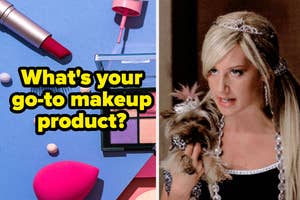 Split image: Left, makeup with the question "What's your go-to makeup product?" Right, Sharpay holding her Yorkie dog.