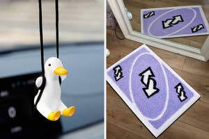 mini duck on a swing hanging in car and purple uno reverse card