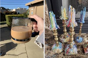 left: reviewer carrying coffee pot-shaped mug; right: colorful drip candles