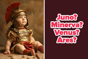 Baby dressed in Roman warrior costume looking to the side with a perplexed expression, text questions which deity they resemble