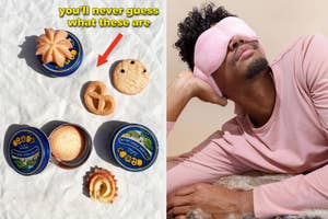 Man with eye mask rests head on hand, cookies and snacks nearby with text "you'll never guess what these are."