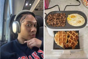 Person wearing headphones and a meal with steak, eggs, and waffles on a tray