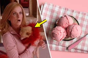 Amy Poehler in "Mean Girls" holding a dog next to an image of three scoops of strawberry ice cream