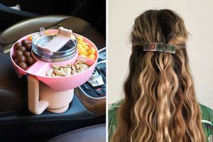 Car snack tray with food compartments; a woman's hair with a leather barrette accessory